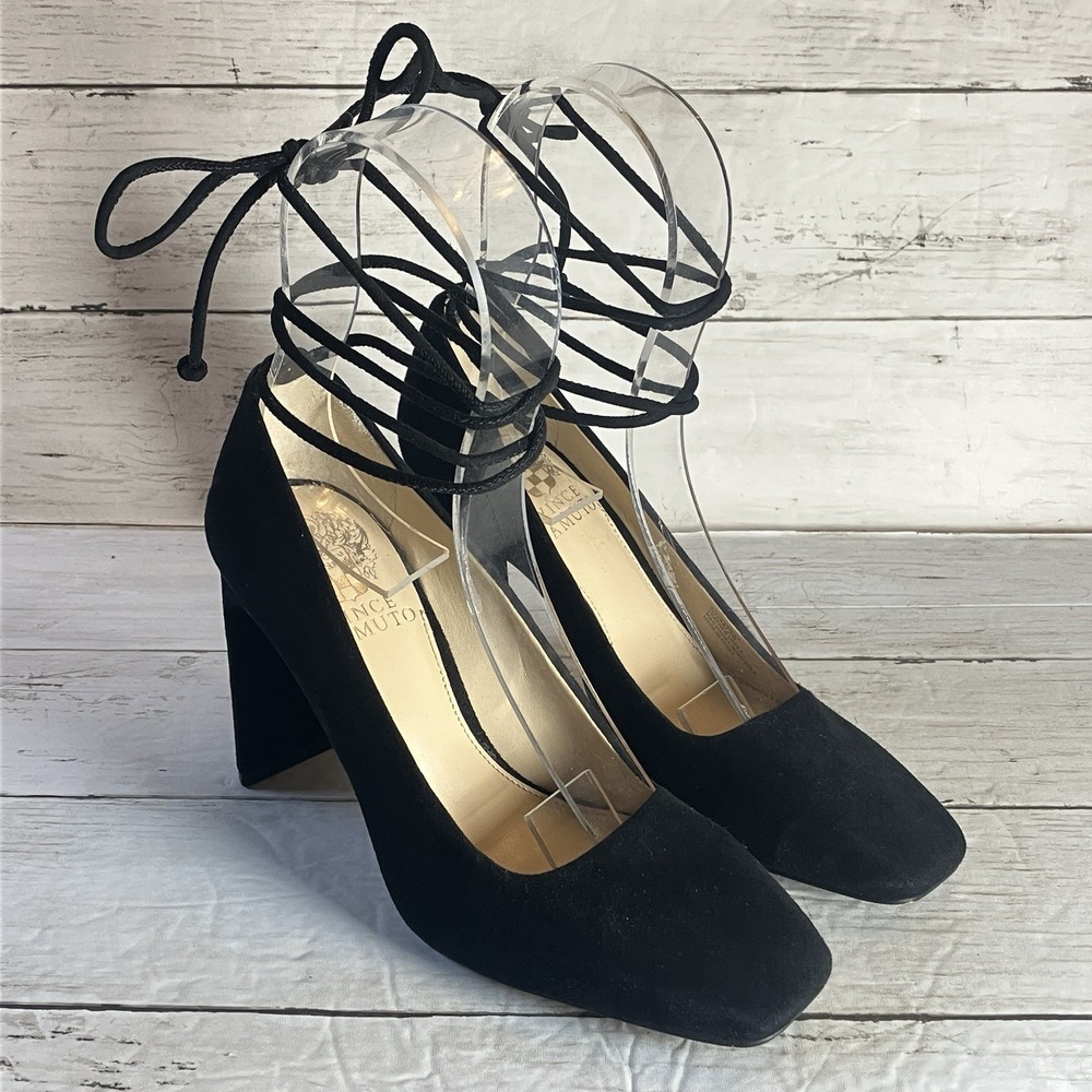 Vince‎ Camuto Heels Womens 5.5 Black Strap Pumps Leather Suede Damell Tie Square